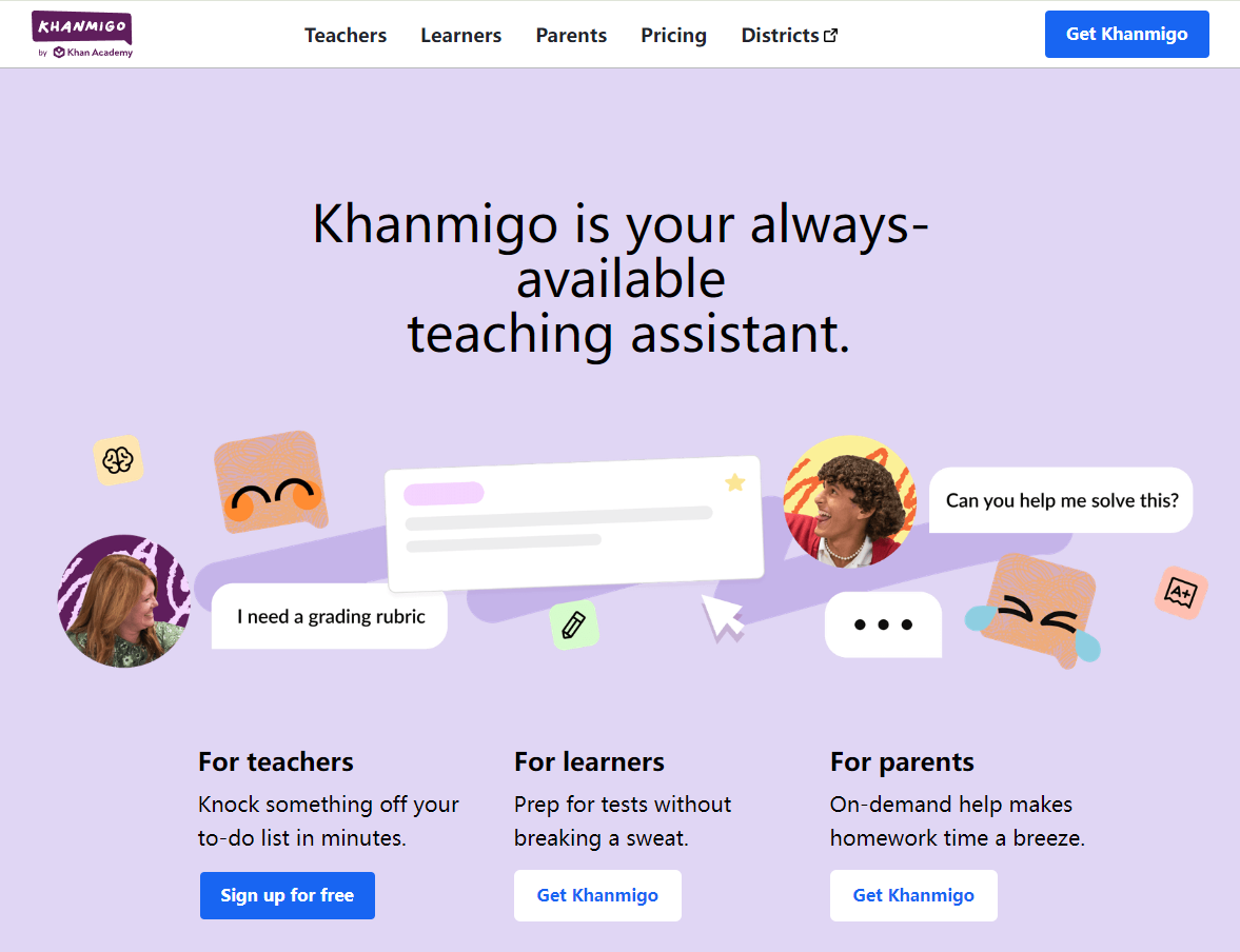 Khanmigo efficiently uses Artificial intelligence, considered as one of the best AI Tools For Education, to help student-directed learning, provides quick feedback and has tools for engaging sessions