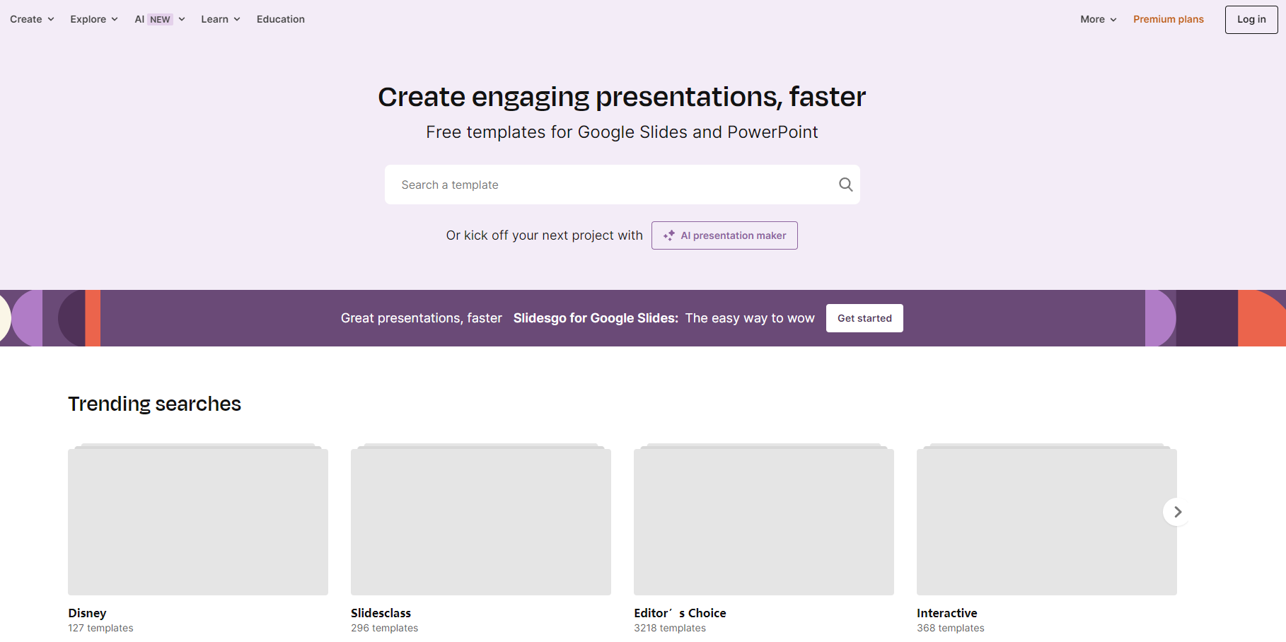 This tool provides access to free templates via Google Slides and now has the AI Presentation Maker